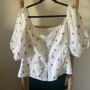 NWT Reformation Romi Top Puff Sleeve Linen Blouse Size 16 Rose Pattern